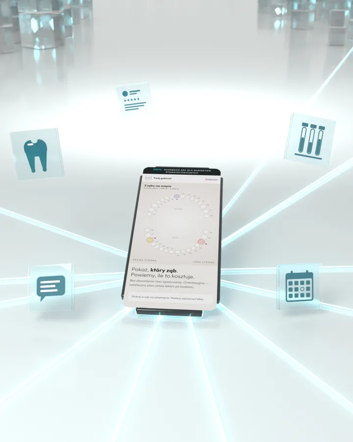 Telefon z mapą uśmiechu na ekranie, z którego wychodzą świetlne linie do ikon: ząb, probówki, kalendarz, SMS, opinie