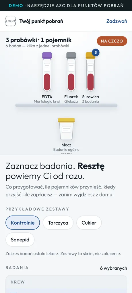 Zestaw do badań: trzy probówki i pojemnik na tacce, oznaczenie na czczo