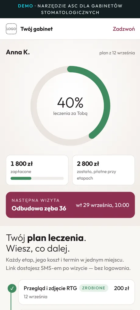 Plan leczenia: pierścień postępu 40%, kwoty zapłacone i do zapłaty, termin następnej wizyty